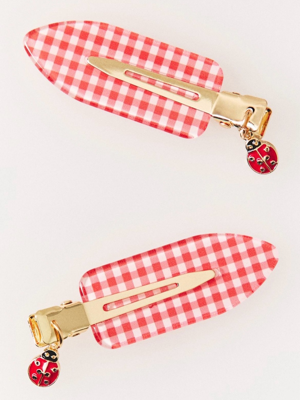 Anthropologie Red Gingham Crease-Free Hair Clips with Ladybug Charm